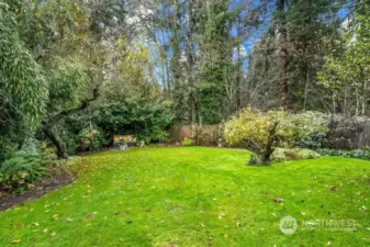 Park like back yard setting with mature landscaping, privacy and fully fenced