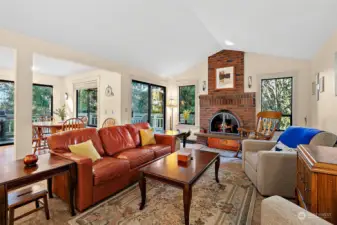 The family room is generous in size with a gorgeous wood burning fireplace.