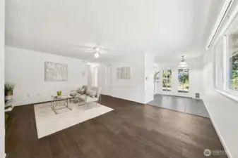View from entrance.  Home features engineered hardwood