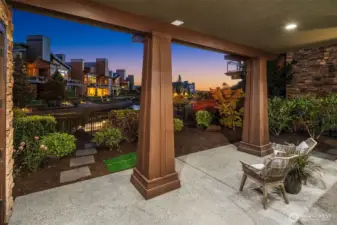 lower covered patio with views of the water features