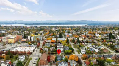 Off to the east is Lake Washington. Grocery story, bakeries, breweries, etc about a block away.