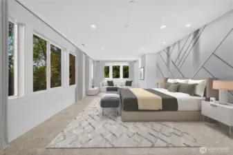 Enjoy this spacious primary bedroom featuring plush carpet and wraparound windows that fill the room with natural light and expansive views.