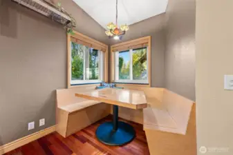 Cozy built in seating. Speacial table top here made from bowling ally lanes! So unigue.