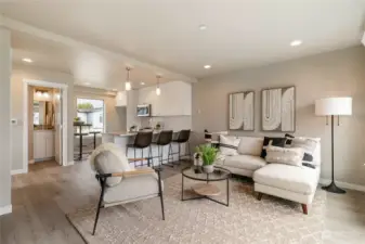 Kitchen/Living with door to left leading into the powder room