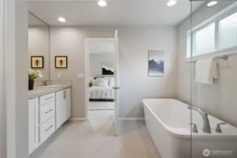 Feel all your stress and worries melt away with a relaxing bath in the luxe freestanding tub.