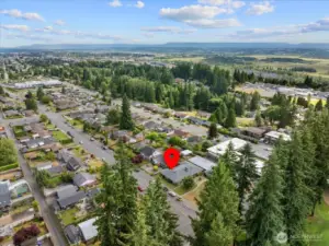 Aerial view highlighting the home's position within the neighborhood.