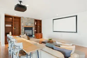 Lower level family room with projector & gas fireplace.