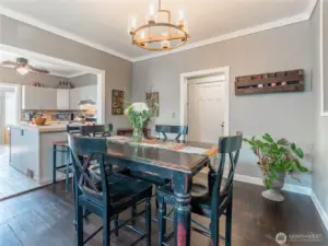 Dining area with original charm, steps away from the updated kitchen.