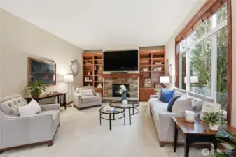 Family Room with Gas Fireplace and Built in Bookcases