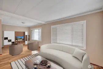 Step inside to the entry area and the spacious formal living room. The textured walls, crown molding, custom blinds on all the vinyl windows, engineered plank flooring, are just some of the interior features/ upgrades.
