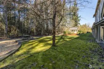 Greenbelt runs along a wooded area for a parklike setting