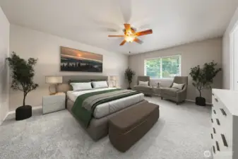 Supersized primary bedroom through French doors