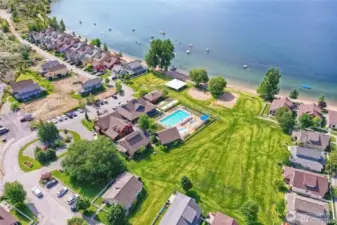 Aerial view of the Common Greenspace, pool and other amenities