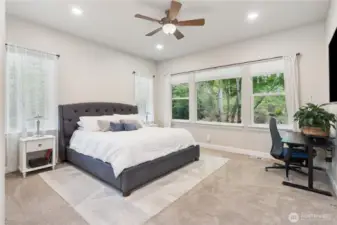 What a fabulous, spacious primary bedroom! Wake to natures' beauty outside the picture windows. Tall ceilings, lovely Levelor Up-Down blinds, a huge walk-in closet and spacious spa-like bath are yours in this ensuite.