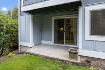 Covered patio also houses a locking storage unit.