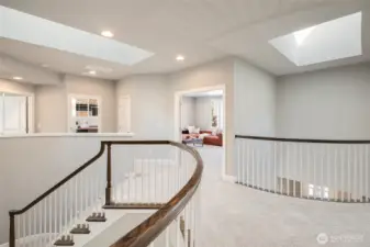 Spacious upper-level landing with large skylights for abundant light.