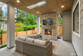 Private outdoor covered living area with fireplace