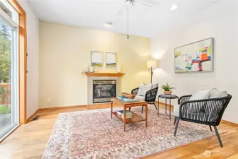 Sitting room with cozy fireplace.