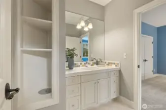 Sink attached to blue bedroom. There's the laundry shoot!