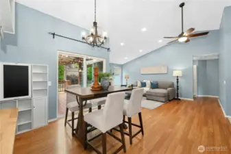 Another view of the open, bright dining and living room.
