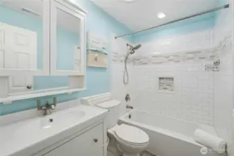 The fully remodeled hall bath.
