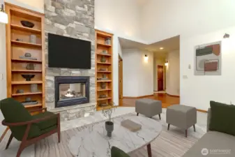 Great Room showing the massive stone fireplace with built-ins.