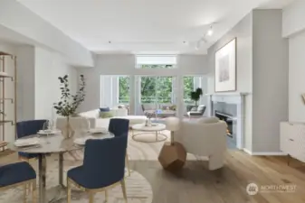 (Virtually staged)  his stunning great room condo boasts a bright, spacious open floor plan with soaring expanding from the kitchen to the balcony!   10' ceilings and beautiful wide-plank engineered hardwood floors.