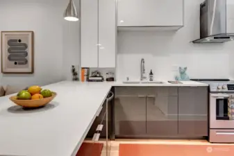 View into the spacious kitchen with soft-close cabinets, quartz countertops, stainless steel appliances, and plenty of counter space.