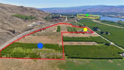 Large land block for sale just North of Wenatchee in area known as "Baker Flats" gong through new developments and possible district rezone soon.  Blue and Yellow parcels are just under 27 acres and includes ranch house, ranch building, cherry orchard, developable open space and lots of available water.  Green coded area is the new Wenatchi Landing mixed used land devolpment adjacent to the bridge just annoys by Sen Patty Murray, Rp Dan Newhouse and Douglas County.  See attached docs for more details and renderings