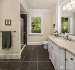 The spacious 3/4 bathroom off the den and front entry way. There is a nice size tile shower, tiled floors, and very nice sink area.