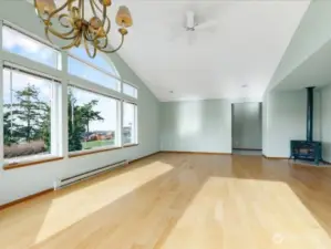 Large living area with stand alone propane fireplace