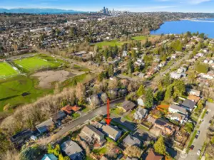 Northwest view of city, lake, and park.