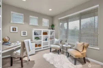 Bonus space for office with tons of bookshelves on both sides of the room.