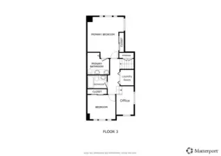 Upper level with primary bedroom suite, additional bedroom/full bath, & utility closet.