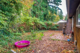 Tucked beside the home, this private side yard offers plenty of space for play, gardening, or future landscaping ideas — shaded by mature evergreens for year-round greenery.