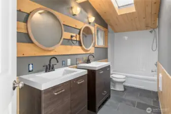 Custom locally milled blue-pine updated bathroom.