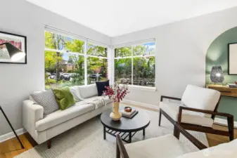 Corner windows look out to the shared center courtyard.