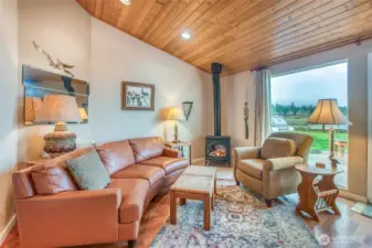 The cozy living area has a warm and inviting propane stove.