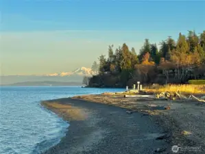 A stunning view of Mt Baker graces the shoreline.