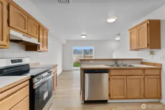 Open kitchen looks into the dining area and yard