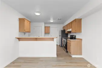 Kitchen has a convenient eating bar