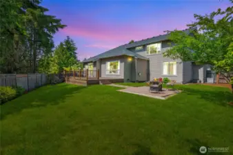 The backyard oasis is fully fenced for added privacy.
