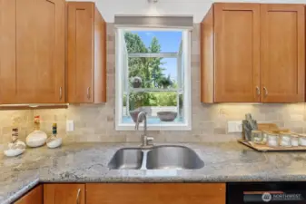 View to backyard deck and new kitchen faucet.