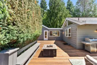 Built in seating on deck. Firepit stays.