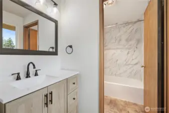 Brand new cabinets and bath area