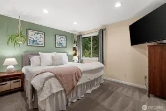 Located on the upper floor, this primary bedroom stands proud at the end of the residence with en-suite connection to the shared bathroom.
