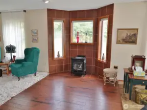 Living Room w/ free-standing propane fireplace.