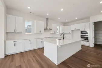 This home has a different color cabinet that is called Artic Grey stain - with a color palete of light grey flooring a grey tile. NOT ACTUAL HOME but represents the layout.