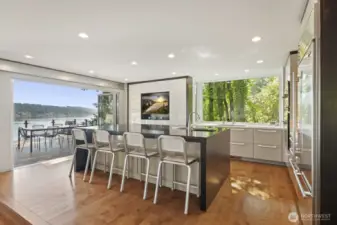 Open kitchen in a light filled space where lake and mountain views take center stage.