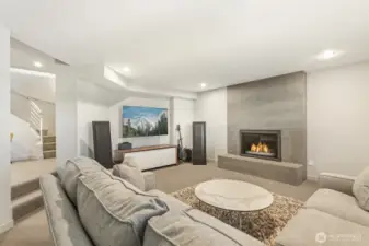 Lower level rec room with gas fireplace